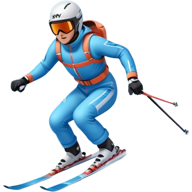 An icon featuring a skier racing down a snow-covered slope, surrounded by snowy peaks, pine trees, and a picturesque mountain landscape. The sky is blue with soft clouds, capturing the thrill and beauty of alpine skiing. Transparent background  emoji