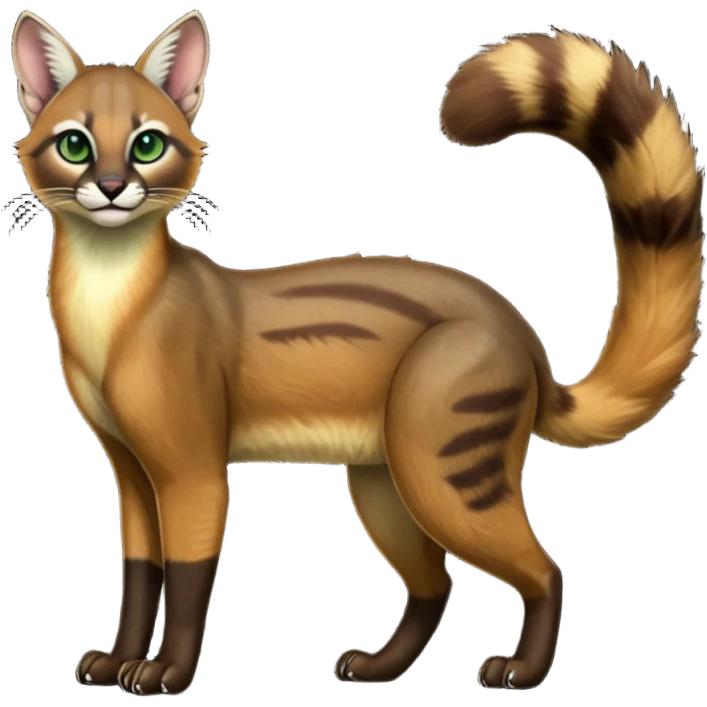 Colorful dark tropical dusky-hunter-green and dark-brownish glorious divine exotic cute cool beautiful shiny beautiful fantasy-caracal-civet-genet-sergal-vernid-Cacomistle-oncilla-animal-Fakémon-hybrid-fursona (full body) emoji
