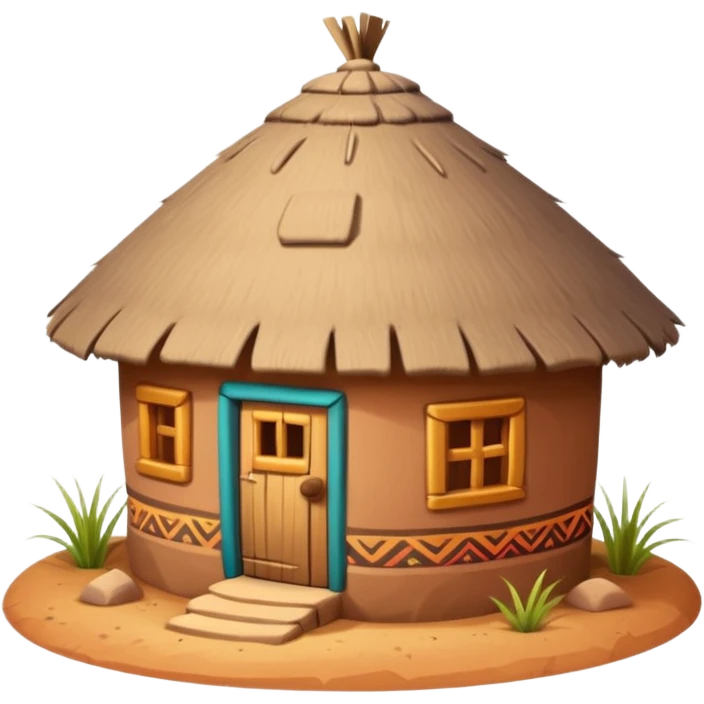 African mud hut tribal house, round adobe clay house, thatched roof, warm sunlight, colorful tribal patterns, cute mobile game icon, 3D cartoon, high detail, clean background emoji