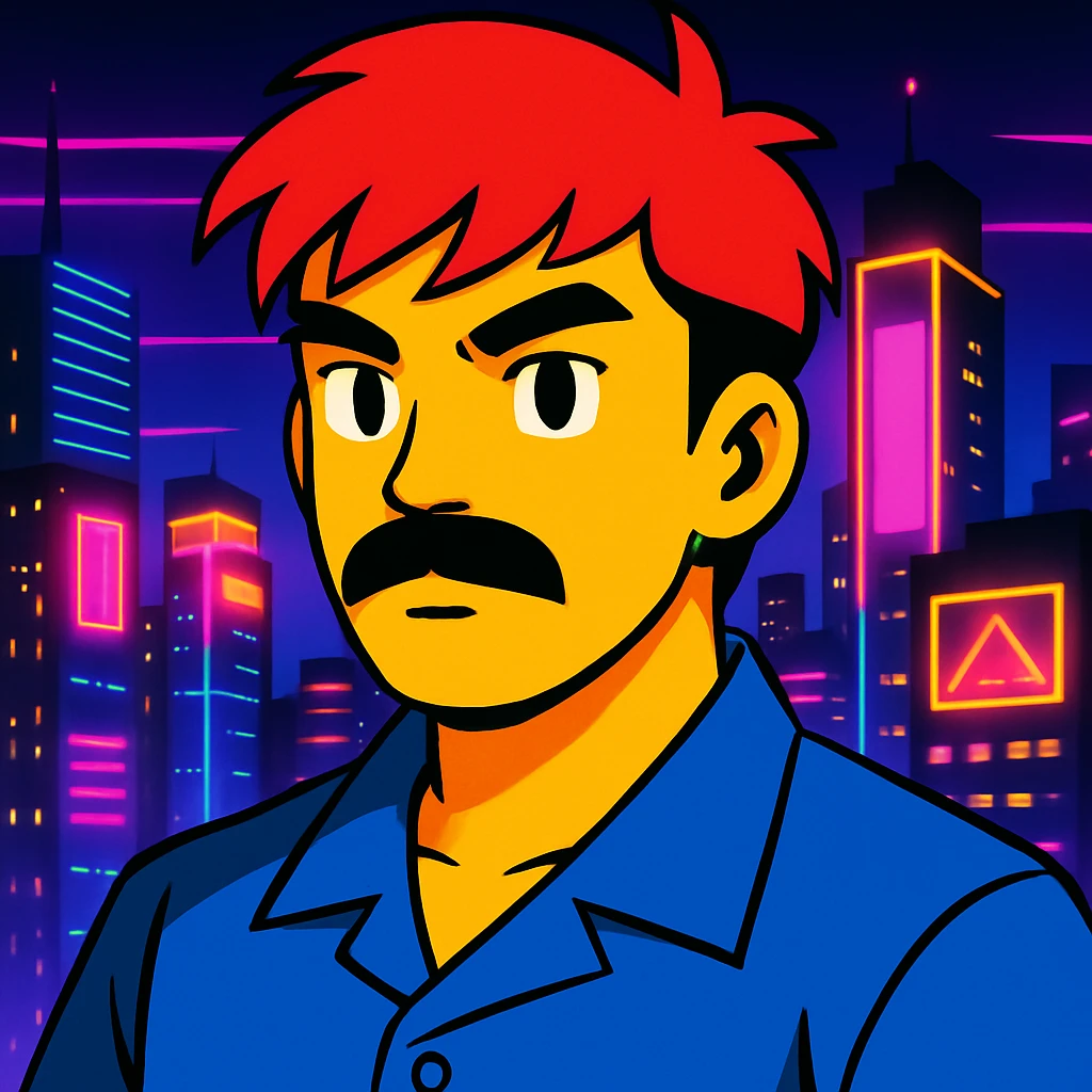 Add a neon city background, keep the 90's anime style and all original colors and lighting emoji