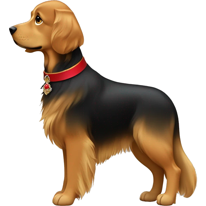 mujer morena de pelo largo y liso color castaño oscuro y un perro golden retriver negro con collar rojo de broche emoji