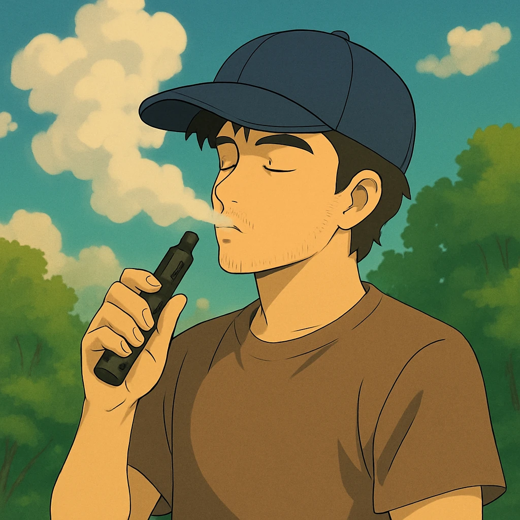 Add a baseball cap to the guy vaping in Ghibli style, keep the background as is. emoji