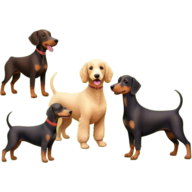 Collage of dogs breeds like Doberman, Poodle, Dachshund, in a park with trees and grass. A joyful, colorful scene with playful expressions. Transparent background. emoji