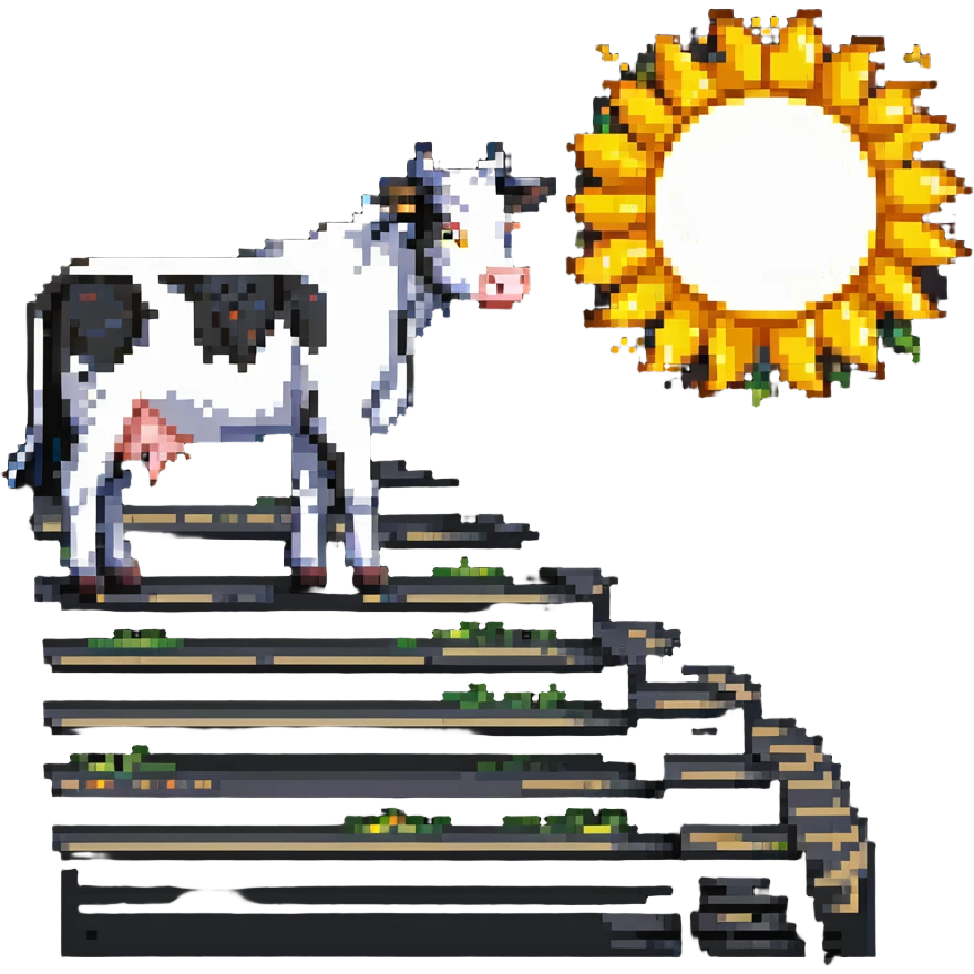 creative pixel art scene where a cow stands on a staircase that leads into the sun, with elements of all three merged visually emoji
