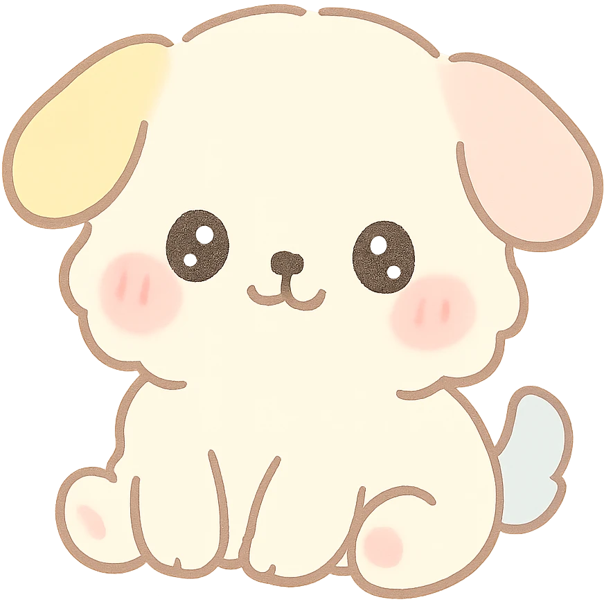 super kawaii, fluffy chubby puppy with a round face, big sparkly eyes, blushing cheeks, tiny limbs, short tail, and soft fluffy fur; hand-drawn Japanese kawaii style, watercolor pastel tone, consistent colors cream, pastel pink, pastel yellow, baby blue emoji