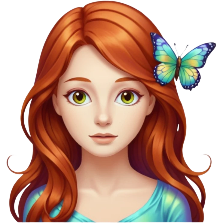 Woman with long flowing auburn hair wearing a butterfly emoji