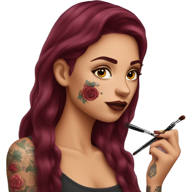 Beautiful tattooed burgundy long haired woman doing her makeup emoji