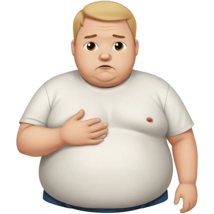 a cartoon fat man holding his stomach wearing t shirt, while looking confused? dont show nipples emoji