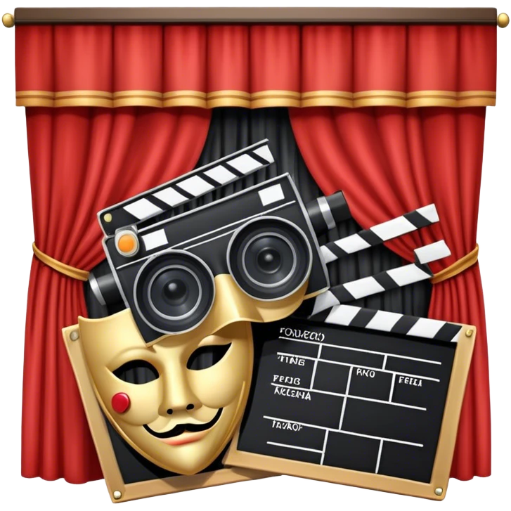Icon for Acting in Theatre and cinema: a stage with curtains, a theater mask, a film camera and a clapperboard. The design should represent theatrical performance and acting techniques. Transparent background. emoji