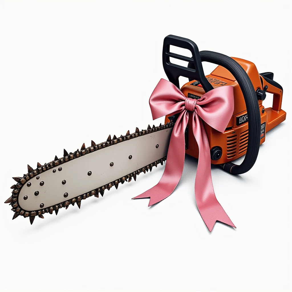 realistic chainsaw with a pink bow, detailed illustration, photorealistic, intricate details, high quality emoji