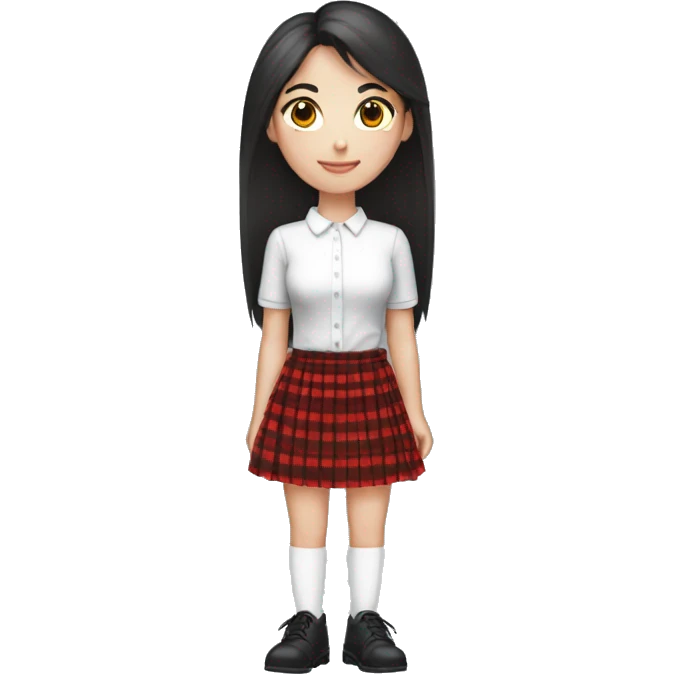 a girl with straight dark hair, slender and beautiful. full length emoticon wearing a red checkered skirt, white shirt, black short shoes and white knee high stockings emoji