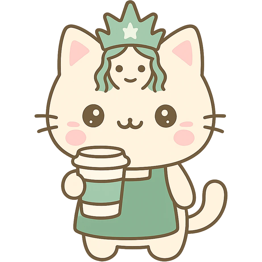 playful cat with Starbucks mermaid crown, green apron, holding a coffee cup, kawaii style emoji