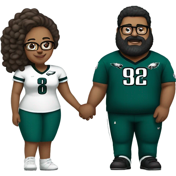 Fat Brown guy with beard mustache and brown girl with glasses and her hair in a bun in Philadelphia eagles clothes holding hands emoji