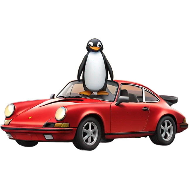 penguin riding in a porsche 911 at sunset emoji