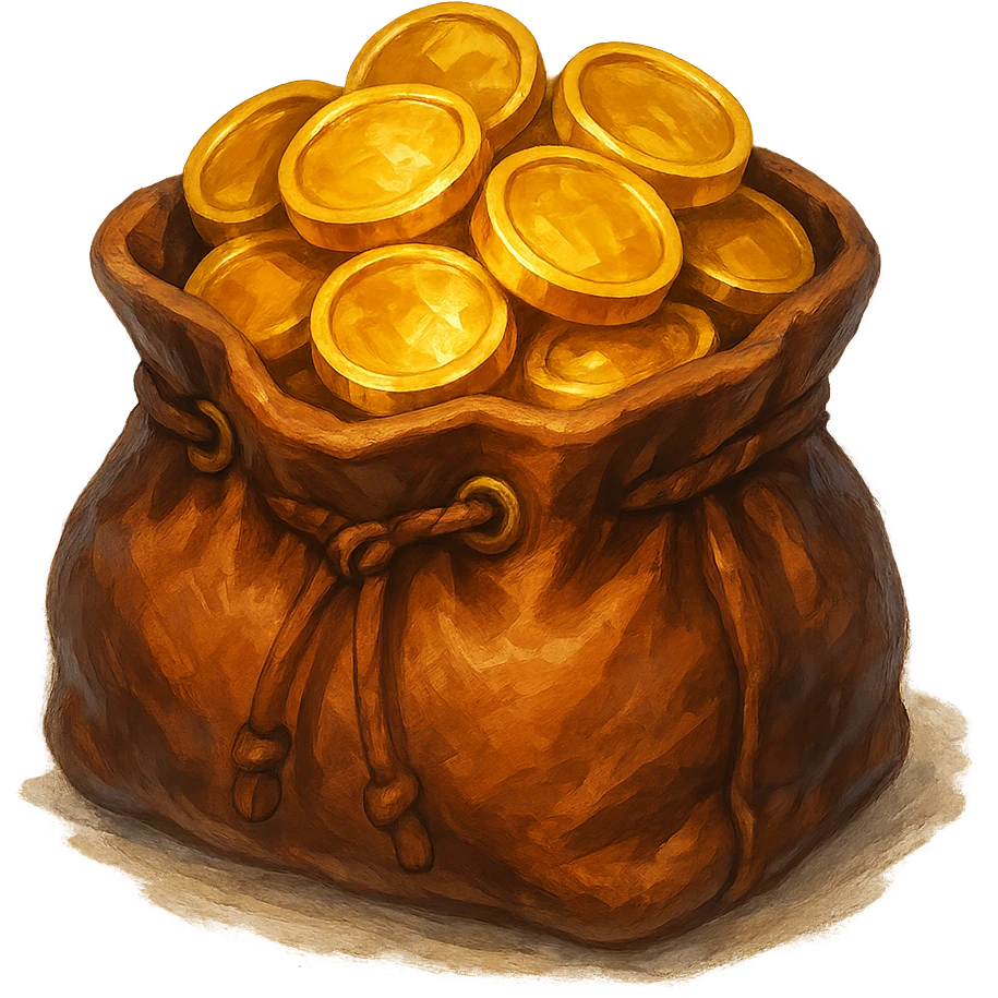 В cлегка рисованной, но при этом объемной и яркой стилистике сгенерируй картинку кожаного кошелька, из которого торчат золотые монеты. Они должны выглядеть не как пластмассовые, а как настоящее золото. Прозрачный фон emoji