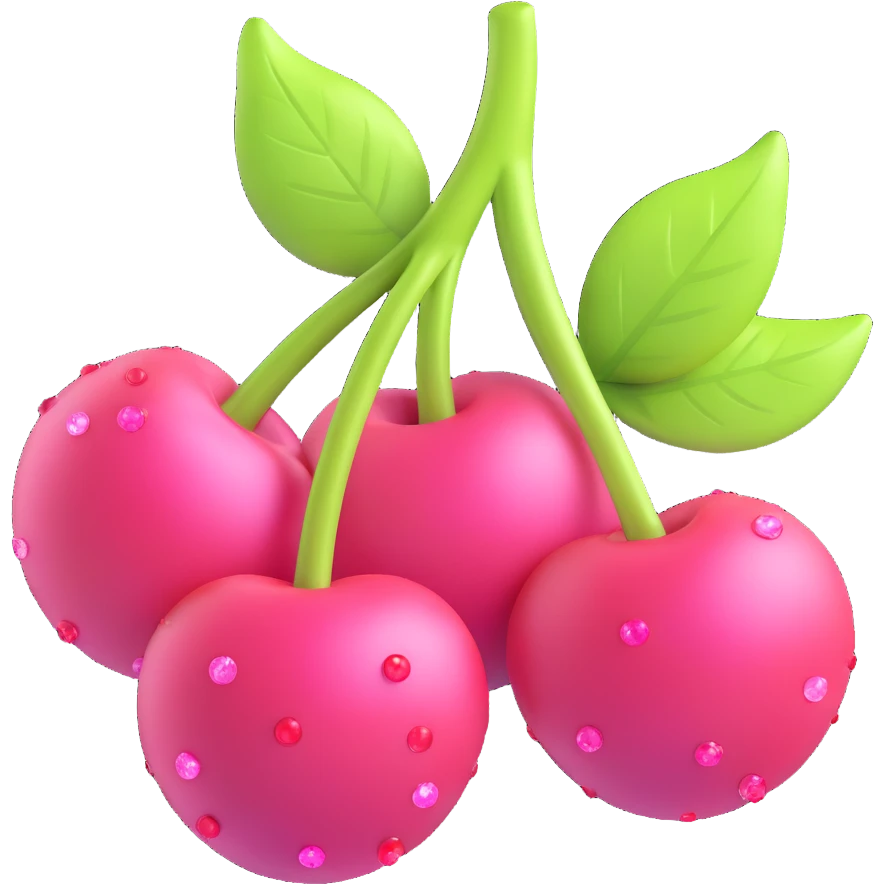 Enhance the cherries and leaves to be even more three-dimensional and voluminous in the 3D iOS emoji style. Keep the glossy finish, pink watercolor-like circles in the background, and sparkles around. Preserve the composition and details from the reference image. emoji