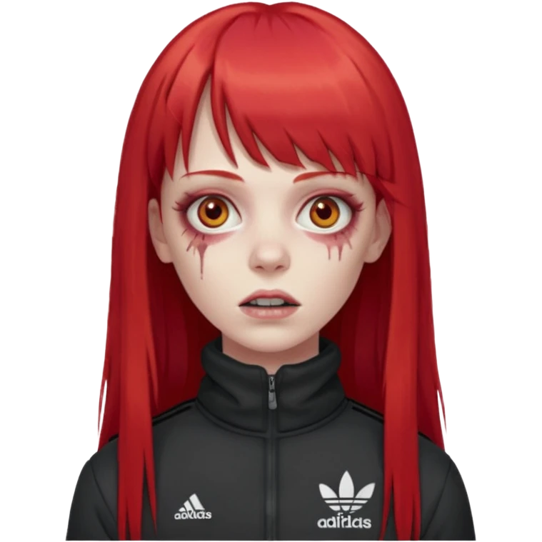 Crie um emoji de uma menina zumbi  com o cabelo vermelho longo com uma franja reta casaco de gola alta da adidas emoji