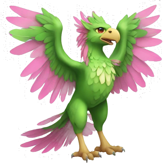 Full-body green gryphon with pink wings and pink tail-feathers emoji