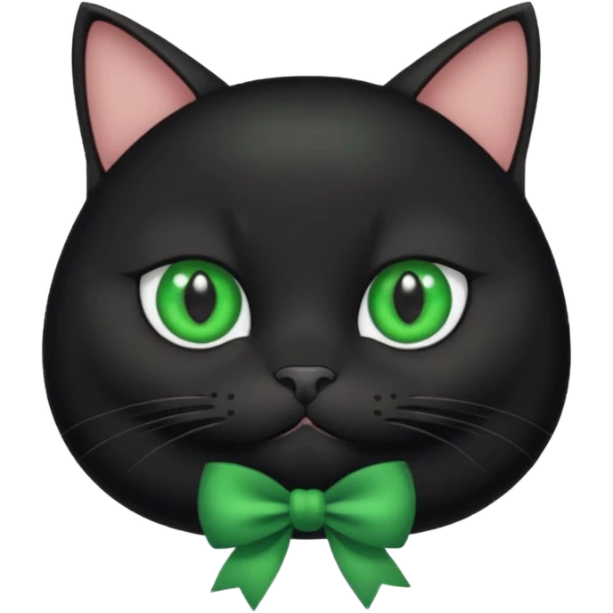 fat black cat with a white circle on their chest and green eyes with a green bow  emoji