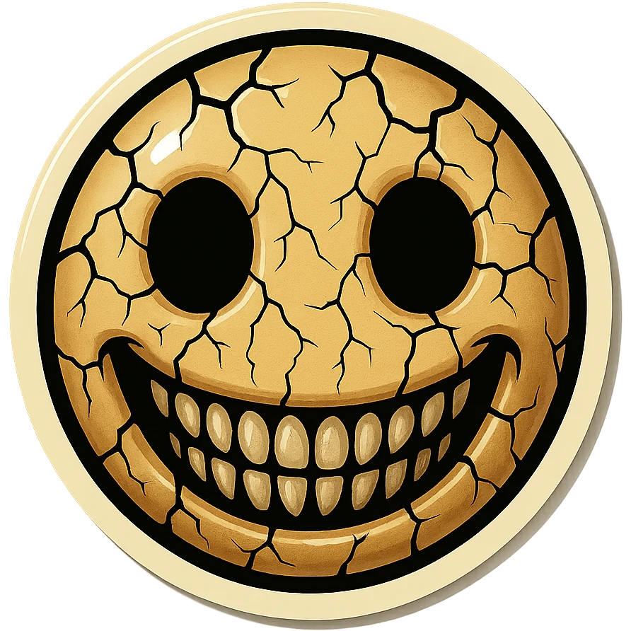 creepy emoji with cracks, empty eyes and wide smile, sharp black outlines, clear shadows and highlights, no gradients, retro stickers style emoji
