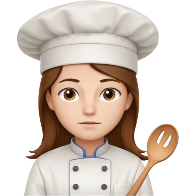 Long brown hair, serious, wearing chef uniform and chef hat emoji