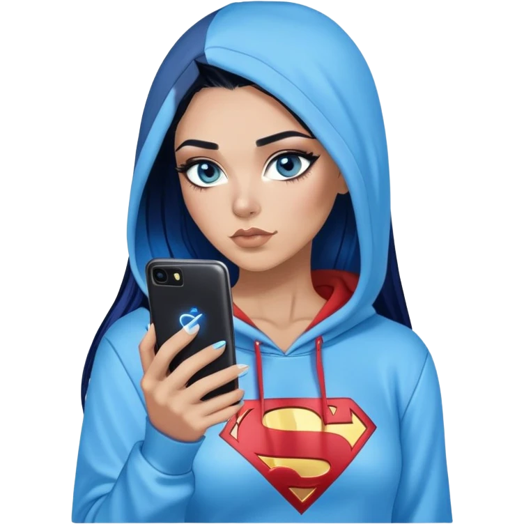 Female-Very tall-very very very large chest-texting on a samsung cell phone-very long straight black to sky blue hair ombre-blue eyes-black eyeliner-long eyelashes-hoodie with glitter superman logo-leggings-lippierced emoji