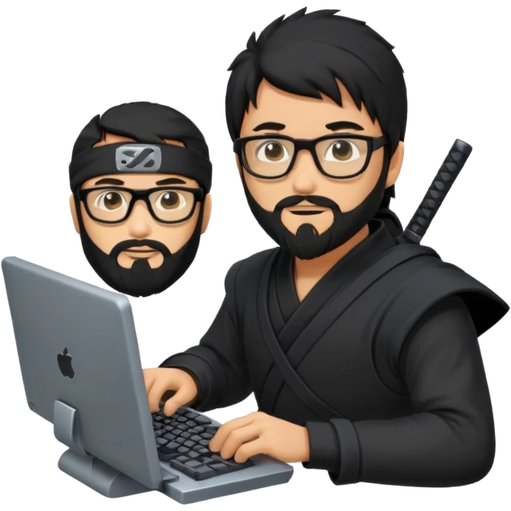 Man with black hair and beard wearing glasses in a ninja costume. Keep the top left version, make the beard longer and replace the sword on his with a computer keyboard  emoji
