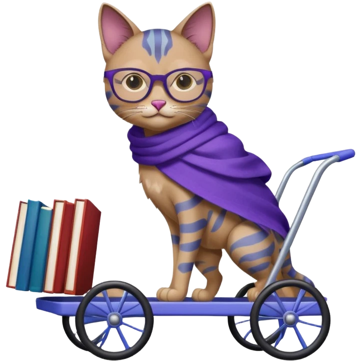 Purple and blue cat, with glasses and a shawl, pushing a 4 wheeled cart full of books emoji