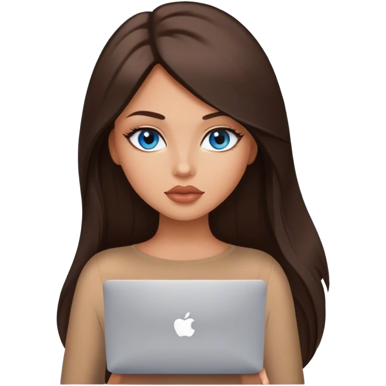 Glamours tanned very beautiful girl with big pump peach lips and dark chocolate straight smooth silky long hair, blue eyes in brown/beige bodysuit with MacBook emoji