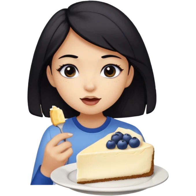 a black haired girl with black eyes, and krem shirt eating a piece of cheesecake with blueberry on top of it emoji