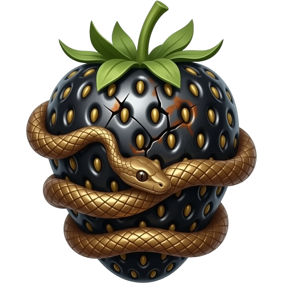 steampunk - rusty broken mechanical steel black strawberry, wrapped in rusty bronze snakes emoji