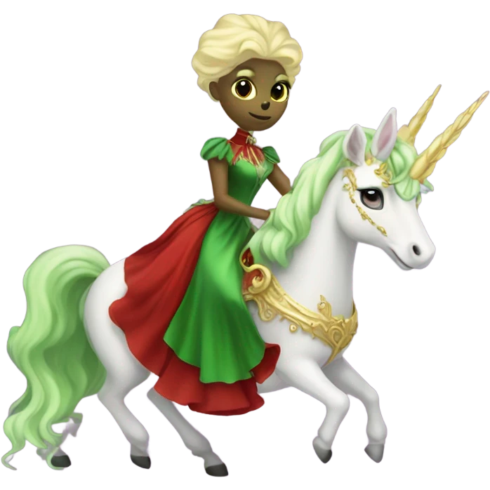 "galora green blonde alien woman" in red Victorian elegant dress, full body, rides unicorn gold and white surrounded by fire
 emoji