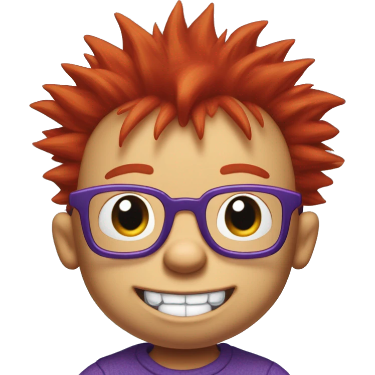 Rugrats, a red-haired one year baby with spiky hair and only 2 front teeth wearing purple square glasses and a blue shirt with red trim emoji