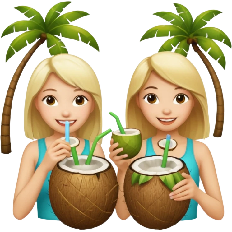 Two girls drinking out of a coconut one Asian one blonde  emoji
