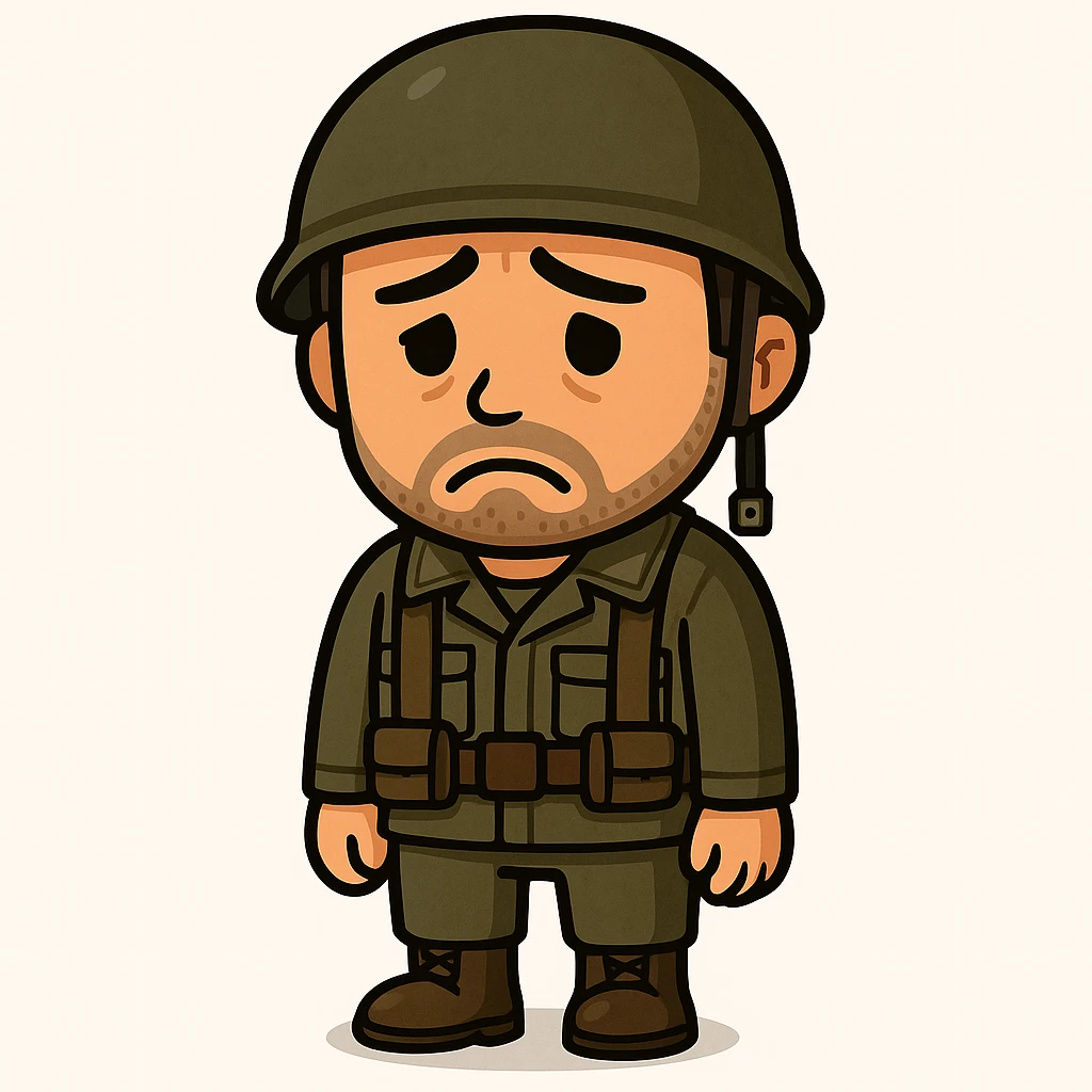 A white man with stubble in a soldier's uniform and a sad face, emoji style, full body, nothing cut off emoji