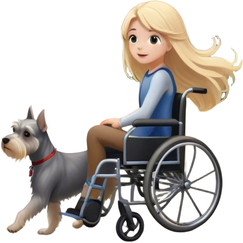 A girl in a wheelchair, rolling away into a path as her long blonde hair cascades behind her and a miniature schnauzer follows along the place has sunlight coming through the trees and leaves falling as though as early fall emoji