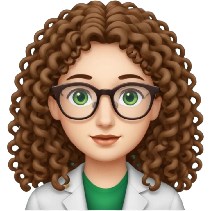 rapariga, olhos verdes escuros, rosto retangular, cabelos muito compridos aos caracóis, com óculos emoji