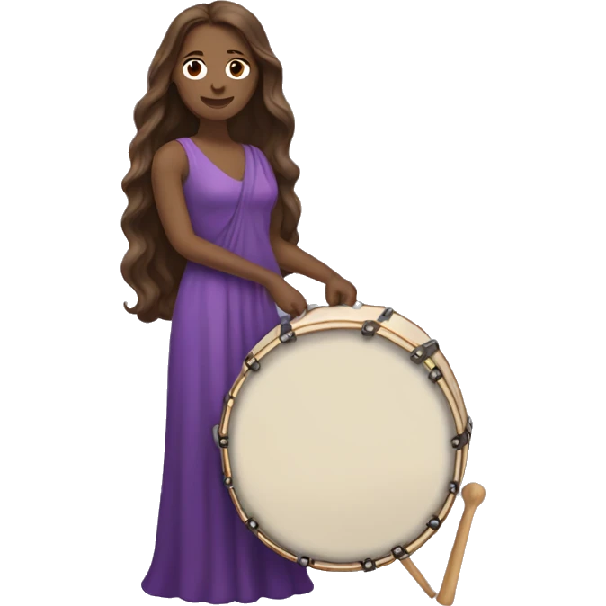 White woman standing with long flowing purple dress and long wavy brown hair holding a small handheld frame drum and a drum beater emoji