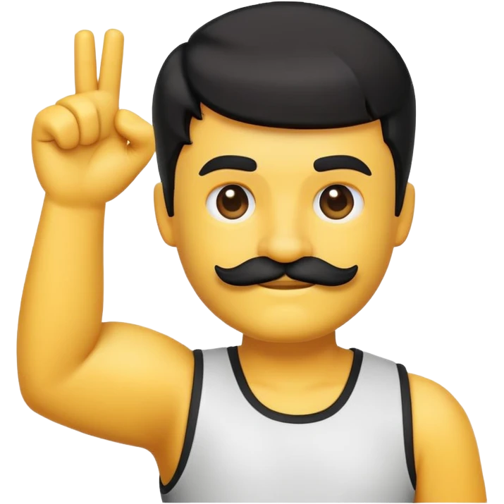 An emoji with black sideswept bangs and a blocky mustache lifting up his right arm emoji