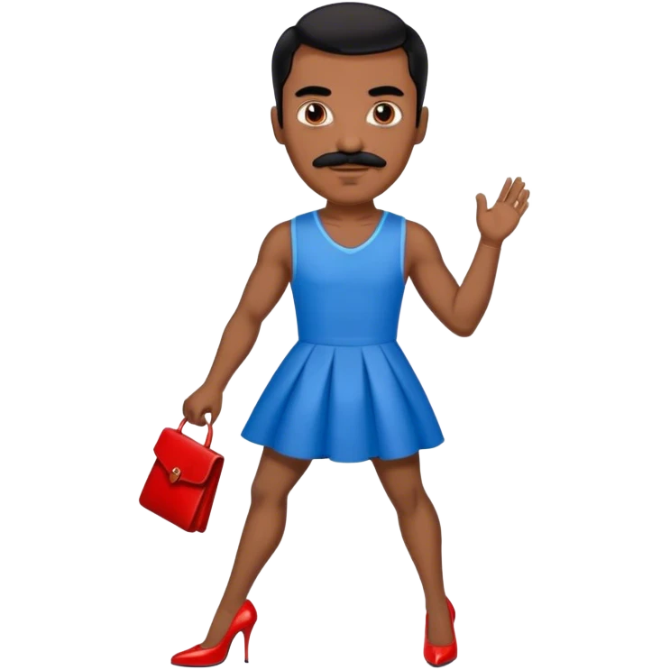 Man in a blue dress and red high heels with black hair and black mustache and brown skin emoji