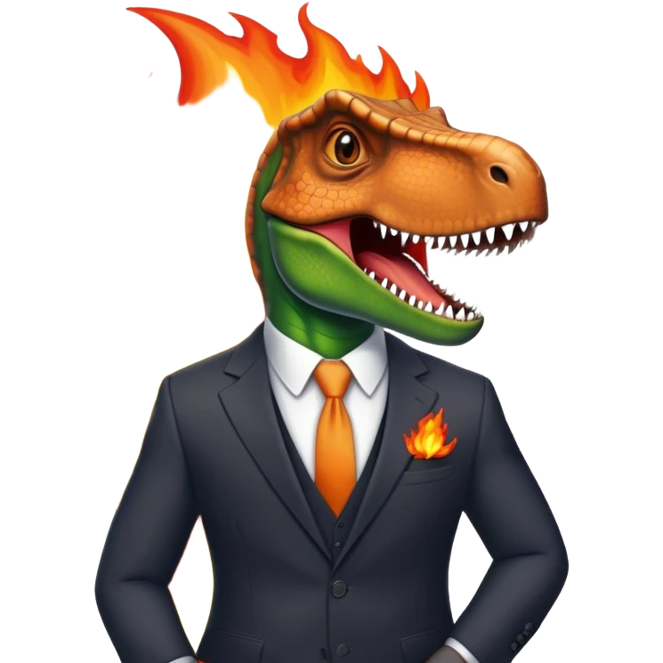 office dinosaur in a suit on a fire emoji