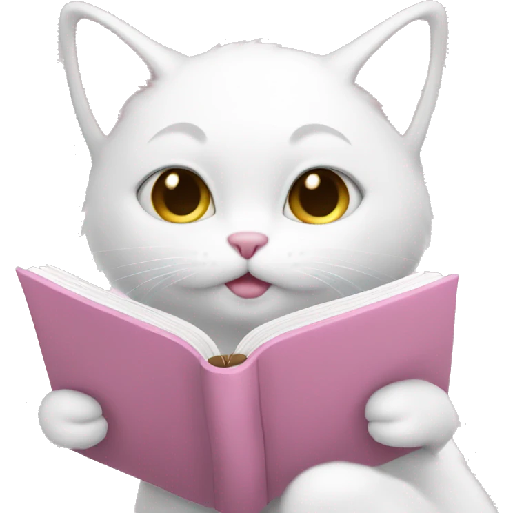 White cat is reading soft pink book emoji