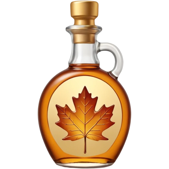 glass bottle of maple syrup, amber syrup visible, rounded shape with handle, gold or dark brown screw cap, glossy surface, subtle reflections, maple leaf symbol, 3D clean style, transparent background emoji