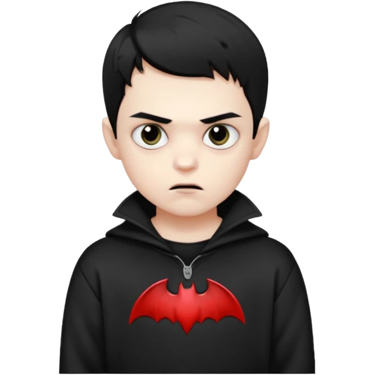 Vampire boy with the short black hair, pale-white skin, black eyes, little fangs and dark circles under his eyes. He has serious face and he wear a black oversize sweatshot emoji