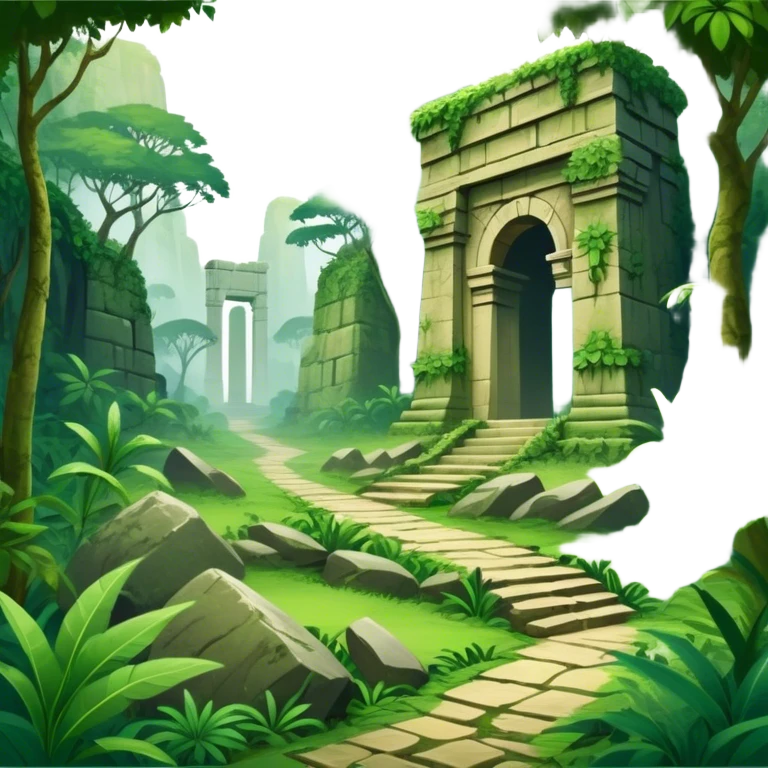 Icon for Adventure Movie: A vintage movie poster-style design with a jungle clearing path, dense foliage surrounding it. In the distance, ancient ruins peek through the trees. The atmosphere is mysterious and adventurous, with soft light cutting through the trees. Transparent background. emoji