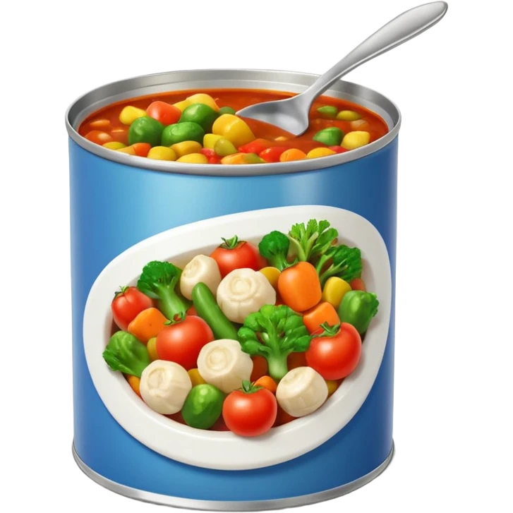open tin can with chunky mixed vegetables in tomato sauce, no spoon or branding, soft lighting, subtle shadows, emoji scale emoji