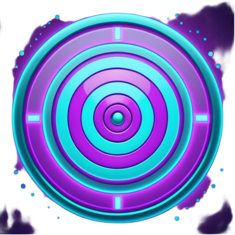 Futuristic glowing bullseye target emoji, neon purple and cyan holographic glow, dark background, digital tech style, abstract sparkles, no face. emoji
