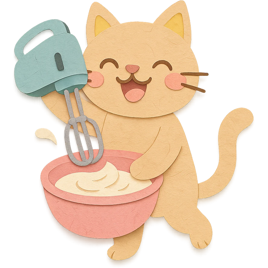 cute electric whisk cat spinning cream joyfully, pastel tones, full-body emoji