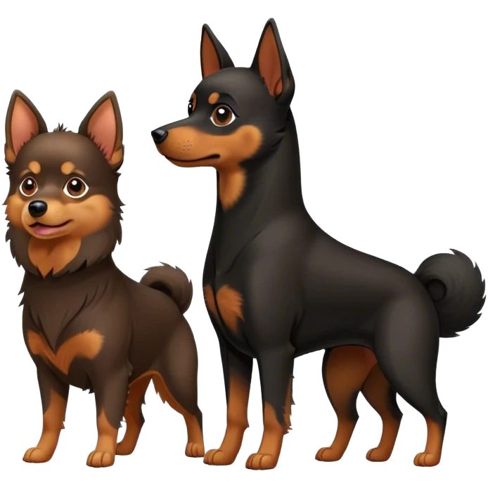 Doberman Pinscher and Pomeranian Spitz standing side by side. The Doberman has a sleek black and tan coat with alert ears, while the Pomeranian has a fluffy orange coat and a joyful expression. Beautiful natural background, with a clear blue sky and green grass. Transparent background. emoji
