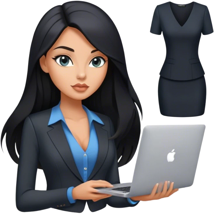 Glamours tanned very beautiful girl with pump peach nude lips and black straight smooth long hair, blue-grey eyes in beautiful v-neck black vest from the suit (short sleeves) with MacBook emoji